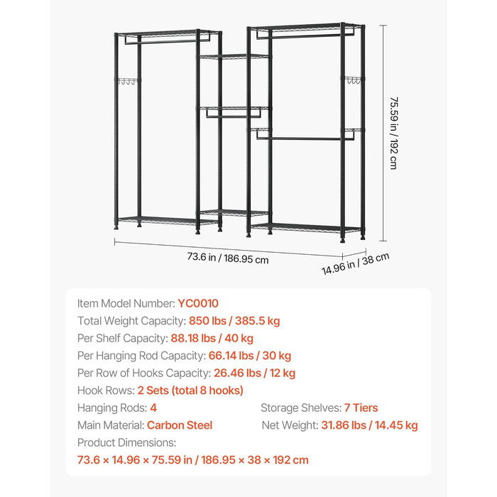 Стійка для одягу VEVOR з 4 перекладинами, 7 полицями та 8 гачками – міцна конструкція (385,5 кг) для спальні, магазину одягу, прихожої