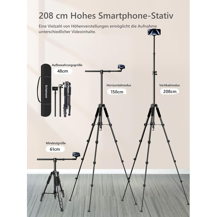 Штатив настільний Elitehood з виносним плечем 114 см, гнучкий, для iPhone, Android, відеозйомки, 180 см, 63 см