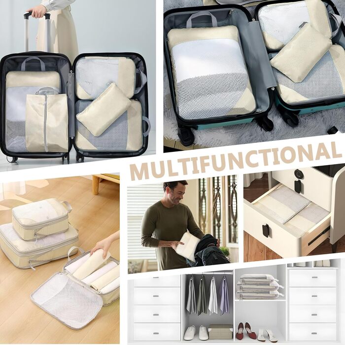 Набір органайзерів для валізи POWZOO (8 шт.) - компресійні кубики для одягу та взуття, бежевий