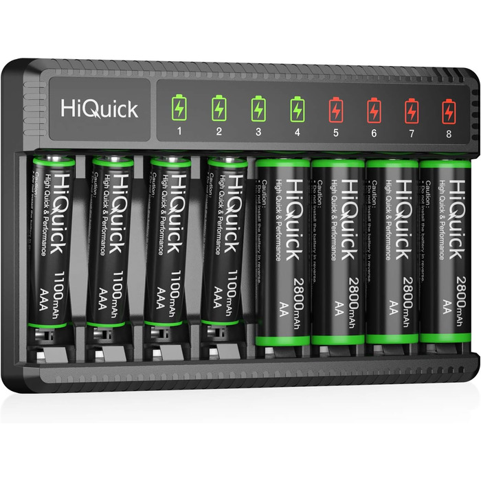 Зарядний пристрій HiQuick для акумуляторів AA AAA, 8 слотів з LED-дисплеєм, для NI-MH NI-CD акумуляторів (без акумуляторів)