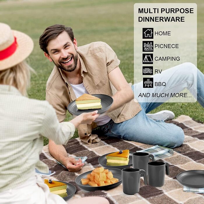 Набір посуду з PP | Легкий та незламний сервіз з 16 предметів для дітей та дорослих, 4 тарілки, 4 десертні тарілки, 4 миски, 4 чашки (сірий)