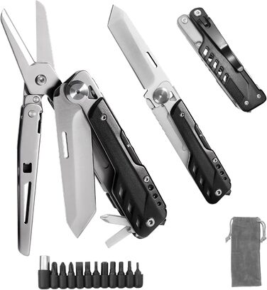 HONZIN Multitool 5-in-1 Multifunctional Pocket Knife, Folding Knife Scissors, Detachable Stainless Steel Geometric Knife for Outdoor Use, with Drawstring Pouch (Extra 11 Screwdriver Inserts)