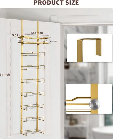 Настінний тримач для рушників у ванну кімнату, без свердління, 6-рівнева наддверна полиця для рушників, багаторівневий тримач для рушників на двері, для складених рушників (Золотий, 8 ярусів)