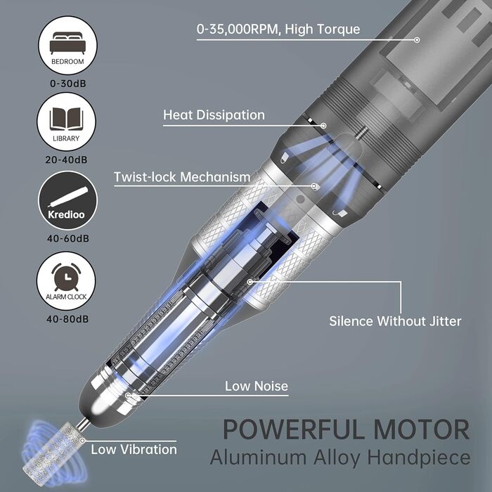 Електрична нігтьова фрезер Kredioo з LED-дисплеєм та 6 насадками для гель та акрил (35000 об/хв)