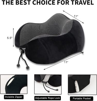 Подушка для шиї у літак – Memory Foam, Зручна подушка для подорожей, Авто, Поїзд, Автобус, Ергономічна, Дихаюча, З чохлом для зберігання