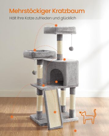 Дряпальня для котів Feandrea, кігтеточка з платформою, м'який плюш, сірий колір, 115 см, повністю обмотана сизалем, 50L x 35B x 115H см