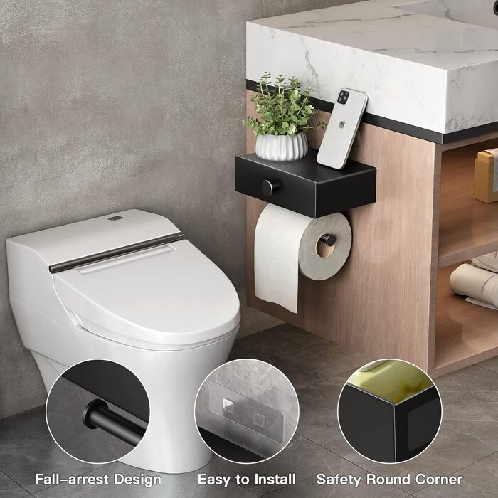 Тримач для туалетного паперу VOLDRA з шухлядою для вологих серветок та полицею, настінний без свердління, матовий чорний