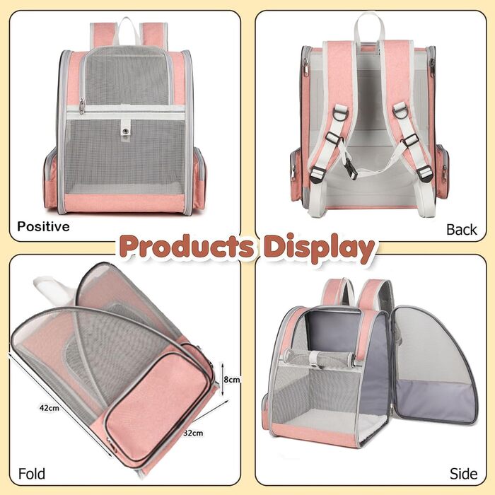 Рюкзак для кота/маленької собаки, переноска для тварин, рожевий, до 8 кг, дихаючий, складний, з вікном та страхувальним ремінцем