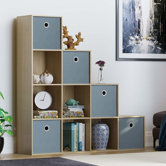 Стелаж Vida Designs Durham для вітальні, 10 кубів, дуб, з 5 сірими кошиками – книжкова полиця, органайзер, меблі для зберігання
