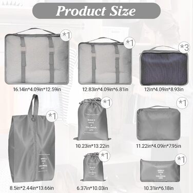 Органайзер для валізи Zorplex, набір 10 шт: кубики для пакування, аксесуари для подорожей, сумки для одягу, взуття та косметики (сірий)
