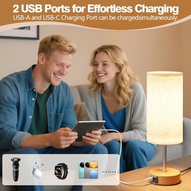 Нічна лампа UPXNBOR з USB-A та USB-C зарядкою, торшер з сенсорним керуванням та 3 рівнями тепла, для спальні та вітальні (E27 лампочка в комплекті), тканинний абажур