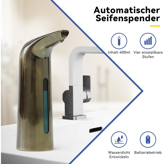 Автоматичний безконтактний дозатор мила з 4 рівнями регулювання, 400 мл, електричний, на батарейках, для встановлення на стіл, з інфрачервоним датчиком (Бронзовий), 400 мл, Бронза