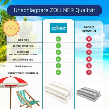 Комплект рушників для пляжу ZOLLNER 2 шт., 70x180 см, 100% бавовна, смугасті, бежеві, висока поглинаюча здатність, прати до 95°C, сертифікат Oeko Tex