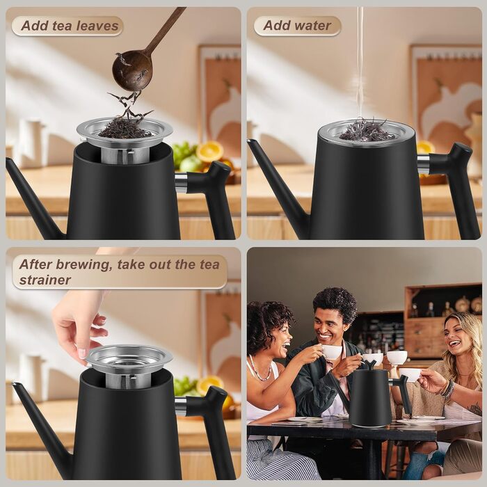 Чайник нержавіюча сталь 1.5л з ситечком, чорний, з термостійкою ручкою для трав'яного чаю та настоянок, двостінний, ізольований, для чаю та кави