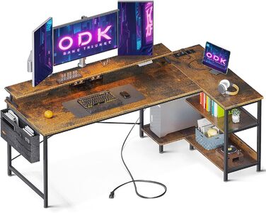 ODK L-Shaped Desk, Corner Desk with USB Charging Port & Socket, Gaming L-Shaped Desk with Shelf Reversible, L-Shaped Computer Desk with Monitor Stand for Office (Black, 168x80cm) 168x80cm Black