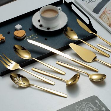 Berglander Gold Cutlery Serving Set, 10 Pieces, Stainless Steel Cutlery Serving Set with Gold Titanium Coating, Serving Spoon, Silver Serving Utensil, Rust Protection (10 Pieces)