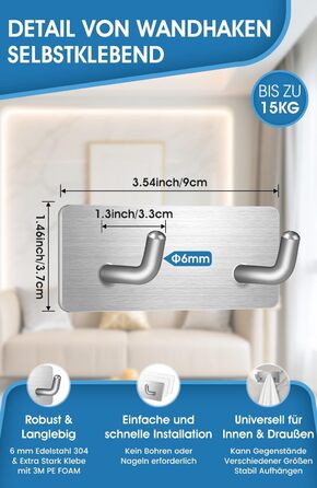 Набір гачків для рушників без свердління, 10 шт., самоклеючі гачки з нержавіючої сталі 304, надміцні клейкі гачки для великих предметів, гачки для стін без свердління для ванної, туалету та кухні, стійкі до корозії, гачки для рушників (подвійні *6)