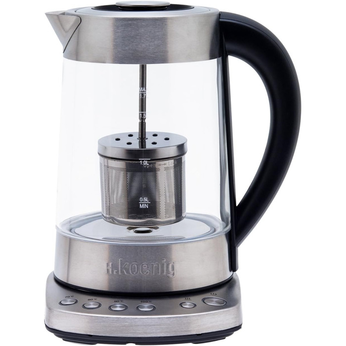 H.KOENIG TI600 Instant T Teapot Electric Kettle 1.5L, 1.5 liters, Stainless Steel/Glass (Kettle and Teapot)