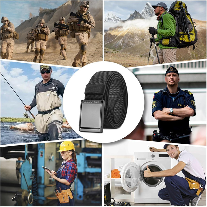 Тактичний чоловічий пояс BESTKEE, 3.8 см, регульований нейлоновий пояс з металевою пряжкою, чорний, розмір M (91-105 см)