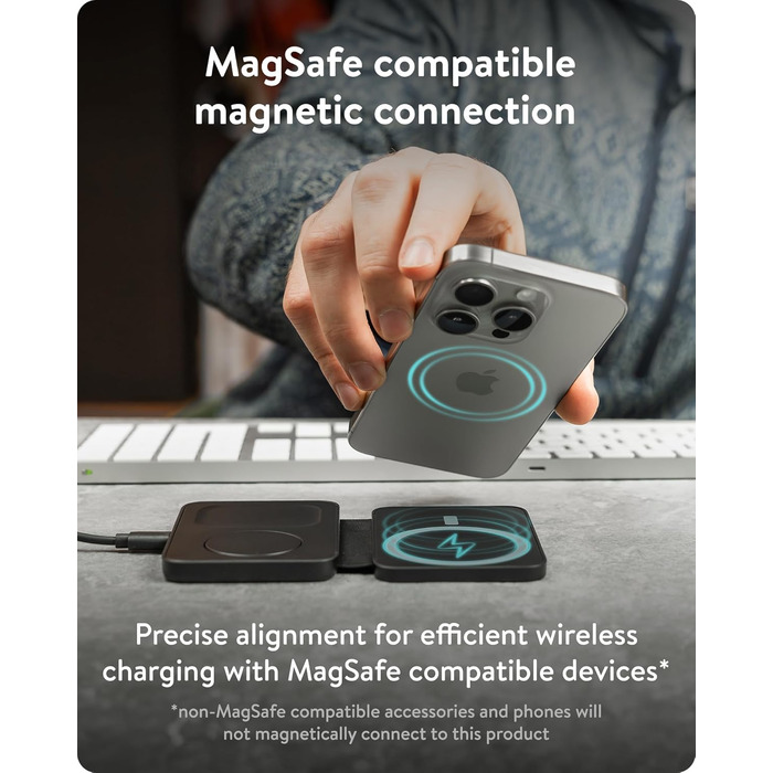 Зарядна станція Mous 3-в-1 MagSafe сумісна: Бездротовий зарядний пристрій для Apple Watch, iPhone 17/16/15/14, Pixel 10, Samsung Galaxy S26/S25 та AirPods
