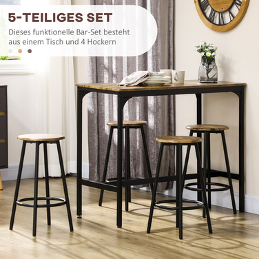 HOMCOM Bar Table Set 5-Piece with 4 Bar Stools, Kitchen Table in Industrial Design, Rustic Brown, Metal Dining Set for Kitchen & Bar