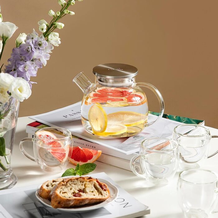 Скляна чайник CnGlass з ситечком, стійкий до плити, 900мл, з нержавіючою кришкою