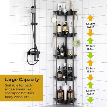 Підлогова полиця для душу з 5 ярусами, без свердління, з гачками, чорного кольору, нержавіюча сталь та пластик