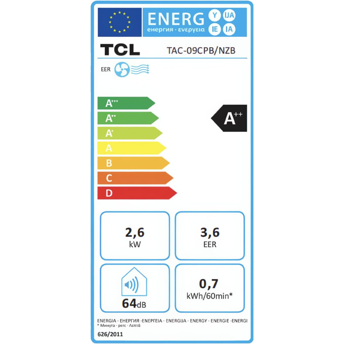 Тренажер TCL 9000 BTU (2,6kW) TAC-09CPB/NZB 3-в-1: охолодження, вентиляція, осушення. Тиха робота, таймер, нічний режим, пульт ДК. Для вітальні, офісу, спальні. Чорний колір.