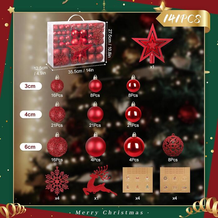 Набір прикрас для ялинки 141 шт. з пластику: матові, глянцеві, з блискітками, з вирізанням. Декоративні кулі для ялинки, червоні. Прикраси для дому та вулиці