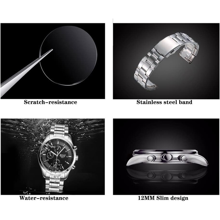 Годинник наручний чоловічий BOSCK, 40 мм, автоматичний календар (дата та день тижня), водостійкий, сталевий, чорний/сріблястий