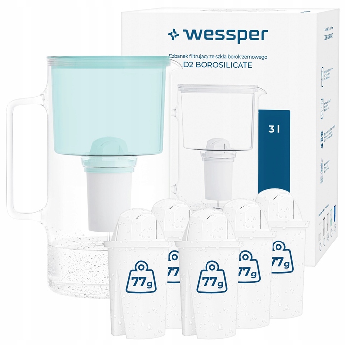 Скляний фільтр-кувшин Wessper D2 BOROSILICATE 3л, м'ятний + 6 фільтрів