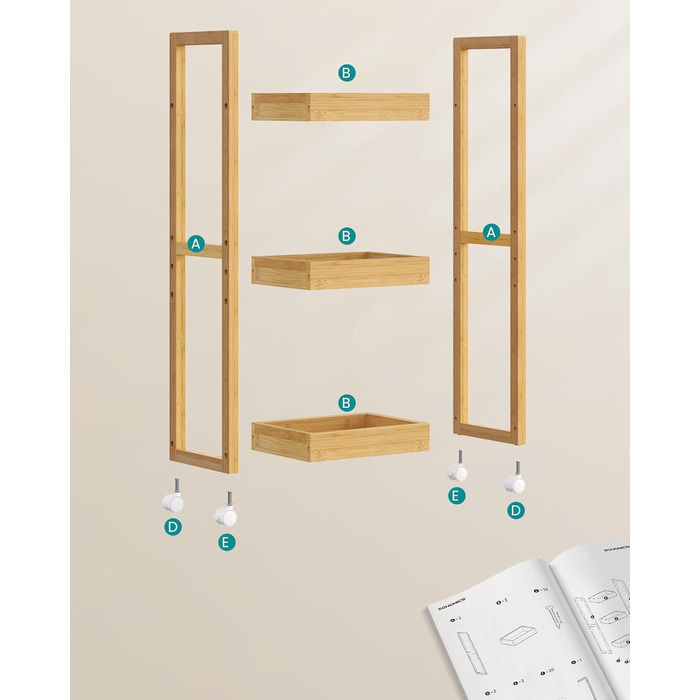 SONGMICS Rolling Cart, Bathroom Shelf, 3-Tier Bathroom Organizer, Bamboo Nook Shelf, Narrow Shelf, Rolling Utility Cart, Space-Saving, 20 x 30 x 80 cm, White BCB083W01 (Natural Beige)