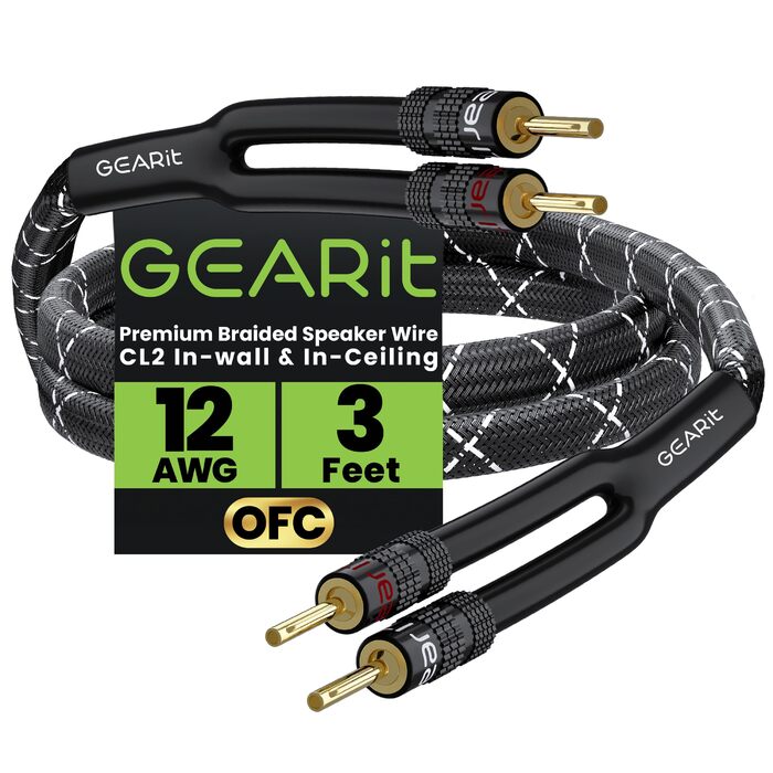 Акустичний кабель GEARit 12 AWG (2×4мм²) з позолоченими банановими роз'ємами, безкиснева мідь (OFC), обплетення, чорний, 1 м