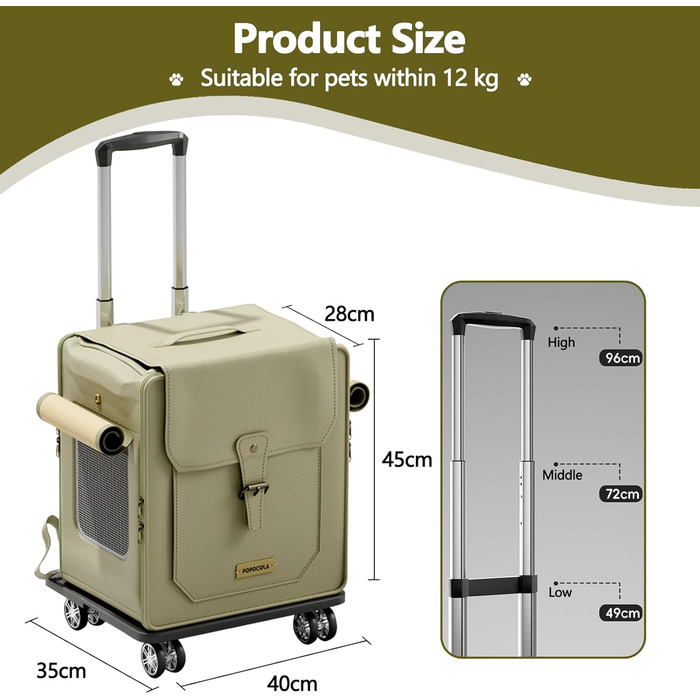 Рюкзак для тварин Galatée з колесами, візок для домашніх тварин, сумка для подорожей з собакою з знімними колесами, рюкзак для собак з вентиляційними вікнами з сітки (зелений)