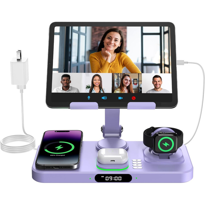 Багатофункціональна бездротова зарядка 6-в-1 для Apple: iPhone, iPad, Apple Watch (фіолетовий) з підсвіткою та регульованим підсвіткою