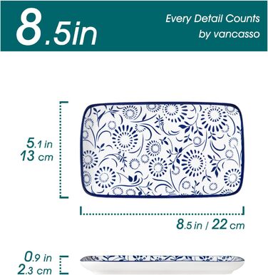 Набір сервірувальних тарілок Vancasso Selene (6 шт.) - великі, прямокутні, порцелянові, для свят, сніданків, фуршетів, сирної тарілки, мікрохвильова піч та посудомийна машина, блакитно-білий колір