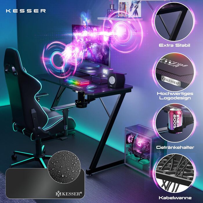 Ігровий стіл KESSER Gaming 120x60 см, Z-подібний ергономічний комп'ютерний стіл з карбоновим покриттям, підставкою для напоїв та гачком для навушників, чорний