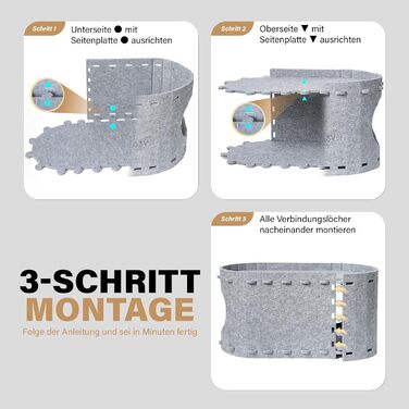 Felt Cat Cave Bed Cat House for Indoor Cats, Cave with 2 Soft and Warm Cushions, Winter-Proof, Protects Cat Claws, 58W x 33D x 30H cm, (Gray)