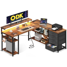 Стіл письмовий кутовий ODK з шухлядами, LED-підсвіткою, 2 розетками та 2 USB-портами для дому та офісу, 135x110 см (Вінтаж-коричневий)