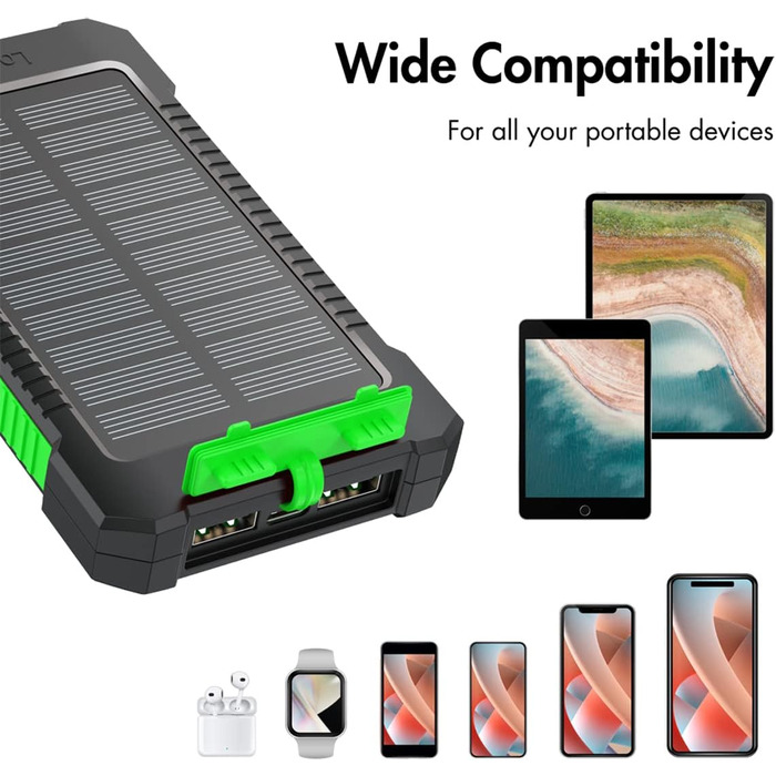 Портативний зарядний пристрій Solar Powerbank 8000 mAh з ліхтариком, чорно-оранжевий, одночасна зарядка 2 пристроїв (2x USB Type-A)