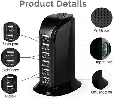 Зарядний пристрій USB мережевий 30W, 6 портів, для iPhone 12/13/14, Samsung Galaxy S22 Ultra/Z Fold/Z Flip, планшетів - Чорний