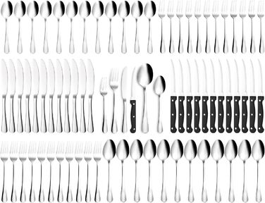 12-Person Flatware Set with Steak Knives, 72-Piece Stainless Steel Flatware Sets, High-Polished and Dishwasher Safe, Elegant Dinnerware, with Knife/Fork/Spoon, for Home, Party, Restaurant