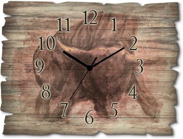 ARTLAND Wall Decor Wall Clock without Ticking Sound, Wood, 30x40 cm, Rectangular, Silent, Nature, Animals, Forest Landscape, Original, Nordic, T5YP (Bull, Quartz Clock)