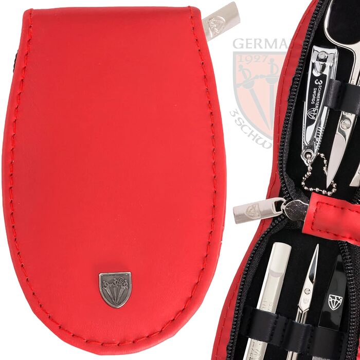 Набір манікюру Drei Schwertter 'Olbia' 6 предметів - нігетюї з натуральної шкіри червоного кольору | Ніж для шкіри, ножиці для нігтів, пінцет скошений, двосторонній інструмент, кусачки для нігтів, напільник з сапфіру червоного кольору - ЕКОШКІРА