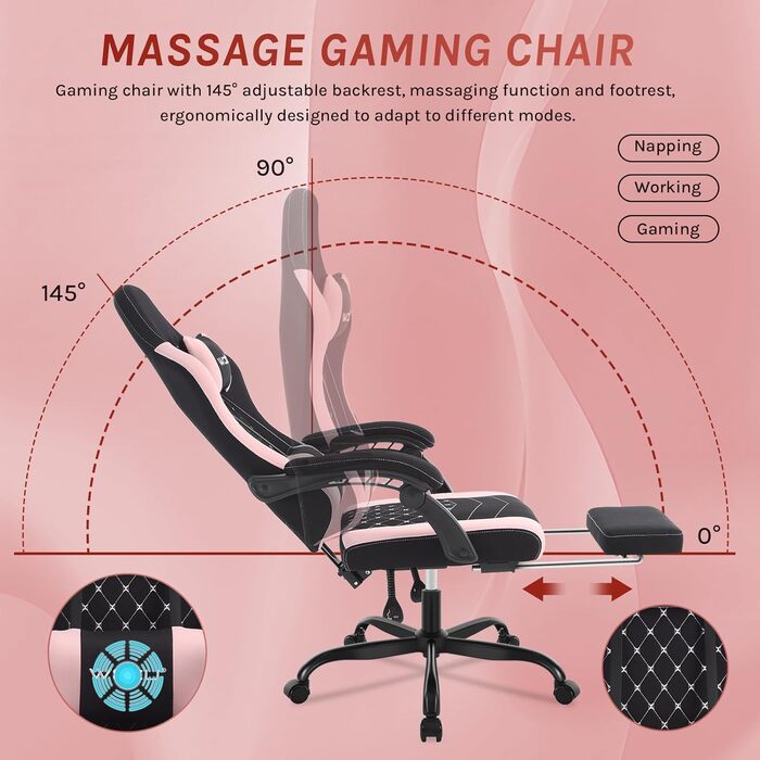 WOLTU Gaming Chair with Massage Function, Computer Chair with Pocket Spring Cushion, Ergonomic Gamer Recliner, Swivel Chair with Headrest, Lumbar Pillow, Footrest, Mesh Fabric, Black+Pink, GS15swr Black+pink Mesh Fabric