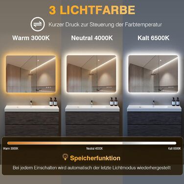 Дзеркало для ванної кімнати з підсвічуванням 50 x 70 см, LED дзеркало для ванної, антизапарник, 3 кольори світла, регулювання яскравості, прямокутна форма, сенсорна кнопка, функція пам'яті, горизонтальний/вертикальний монтаж