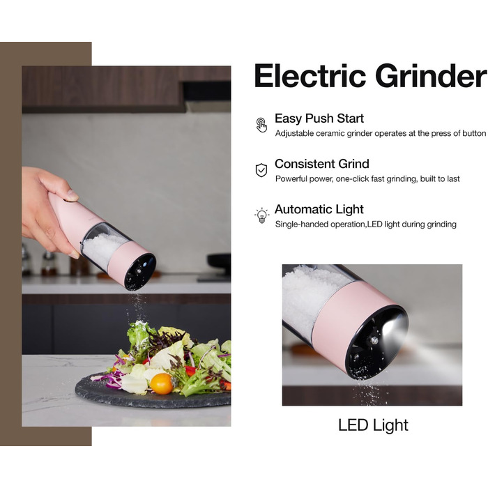 Електричні соляні та перечні млини 2 шт. з USB-зарядкою, 6-ступеневий жорно, перечна млина з LED-підсвічуванням та антиковзним захистом від пилу, перезаряджувані кухонні помічники (Morning Haze+petal Pink)