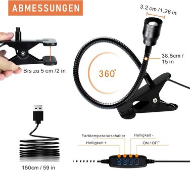 Світлодіодна приліжкова лампа з кліпсою Zoombare: диммер, гнучкий гусак, 3 режими світла, 10 рівнів яскравості, чорна