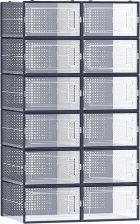 SONGMICS Shoe Boxes, 12-Piece Set, Plastic Shoe Organizer, Foldable and Stackable, for Shoes up to Size 44, Transparent-White LSP12SWT (12-Piece Set for Shoes up to Size 44, Transparent + Anthracite Blue)
