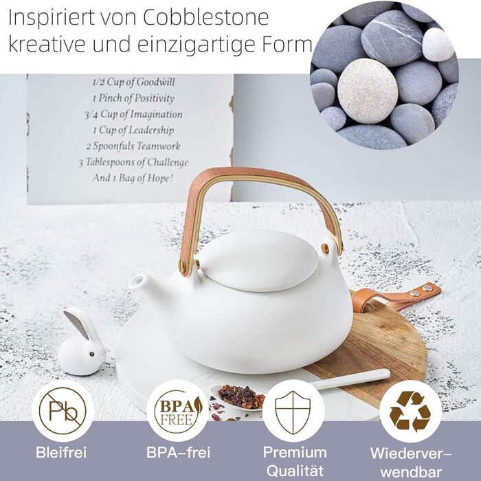 ZENS Modern Japanese Teapot, 800ml Matte White Ceramic Teapot with Infuser, Wooden Handle Small Japanese Teapot for Loose Leaf Tea, White Tea, Green Tea Steeper, Gift for Tea Lovers